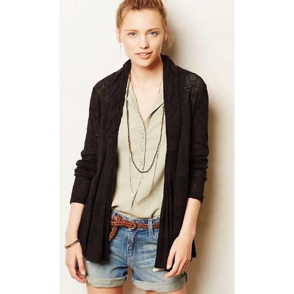 Anthropologie One September Black Fly Away Braided Collar Open Cardigan Size L - Picture 1 of 10